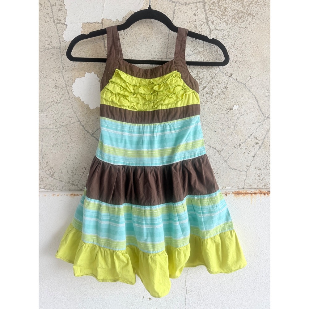 Vtg Girls Sundress Sleeveless Tiered Ruffle Striped Y2K Boho Summer Dress Size 6